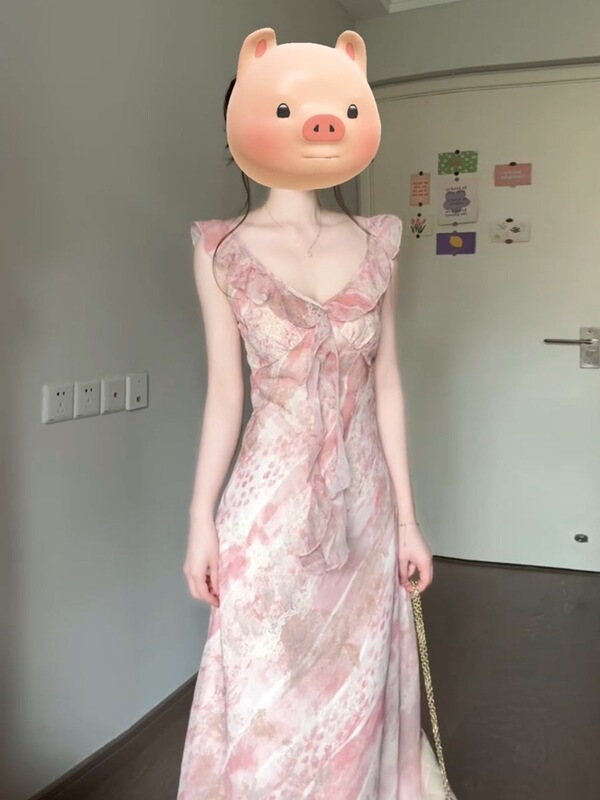 2026 New Style French Ruffled Pink V-Neck Floral Dress for Women, Summer Gentle and Elegant Waist-Cinching Long Dress