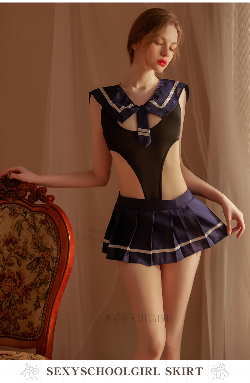 Sailor Schoolgirl Costume Set with Mini Skirt and Striped Socks — detail image 10