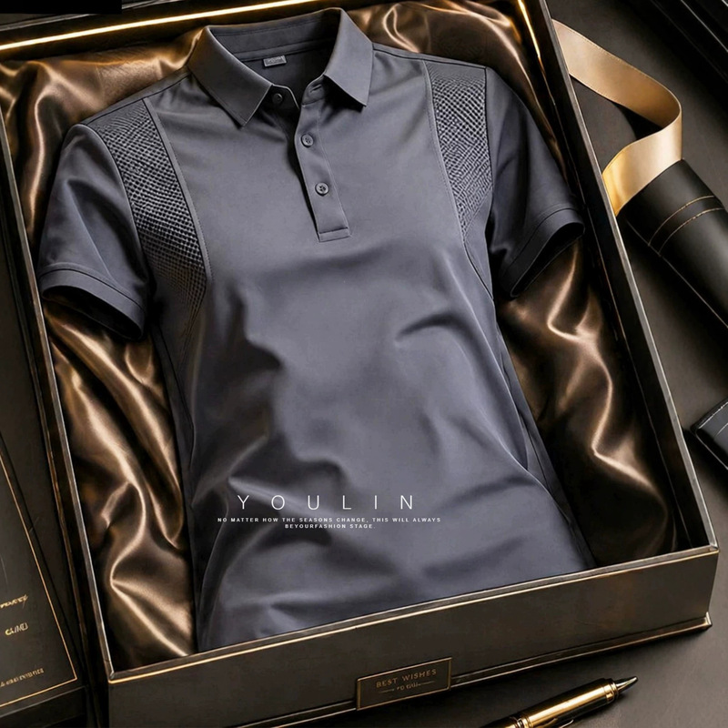 Gray Mesh Quick-Dry Polo Shirt Short-Sleeve Men's Stylish High-End Ice Silk Turn-Down Collar T-Shirt Regular Shoulder Casual Half-Sleeve