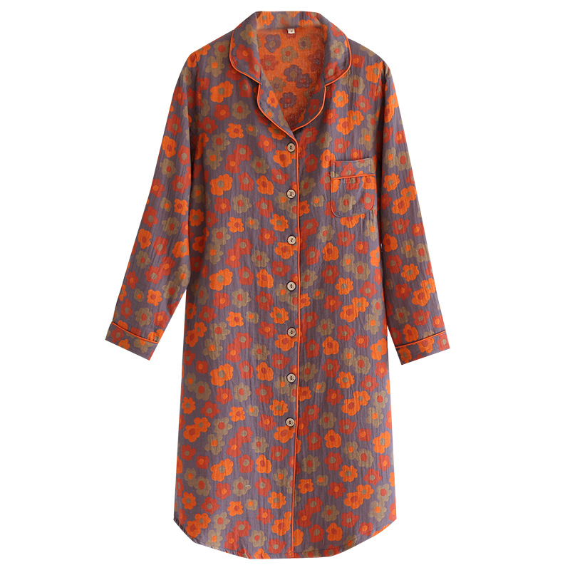 Estilo retro impreso camisón de las mujeres de primavera y otoño de algodón teñido con hilo de gasa de doble capa delgada suelta de manga larga homewear Pijamas