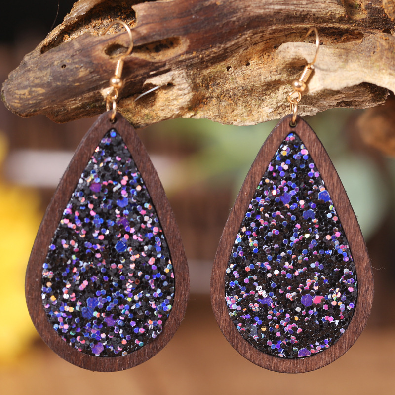 1 Pair Simple Style Water Droplets Wood Iron Earrings display picture 4