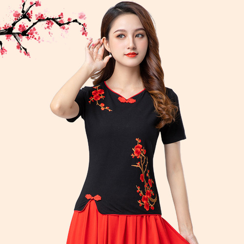 9206 Plum Blossom Embroidered Top Modal Square Dance Costume Short Sleeve Middle-Aged Dance Wear Dancing Clothes