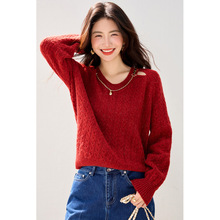 2025秋冬新款韩版时尚亮丝镂空红色毛衣女软糯显白显摆长袖针织衫