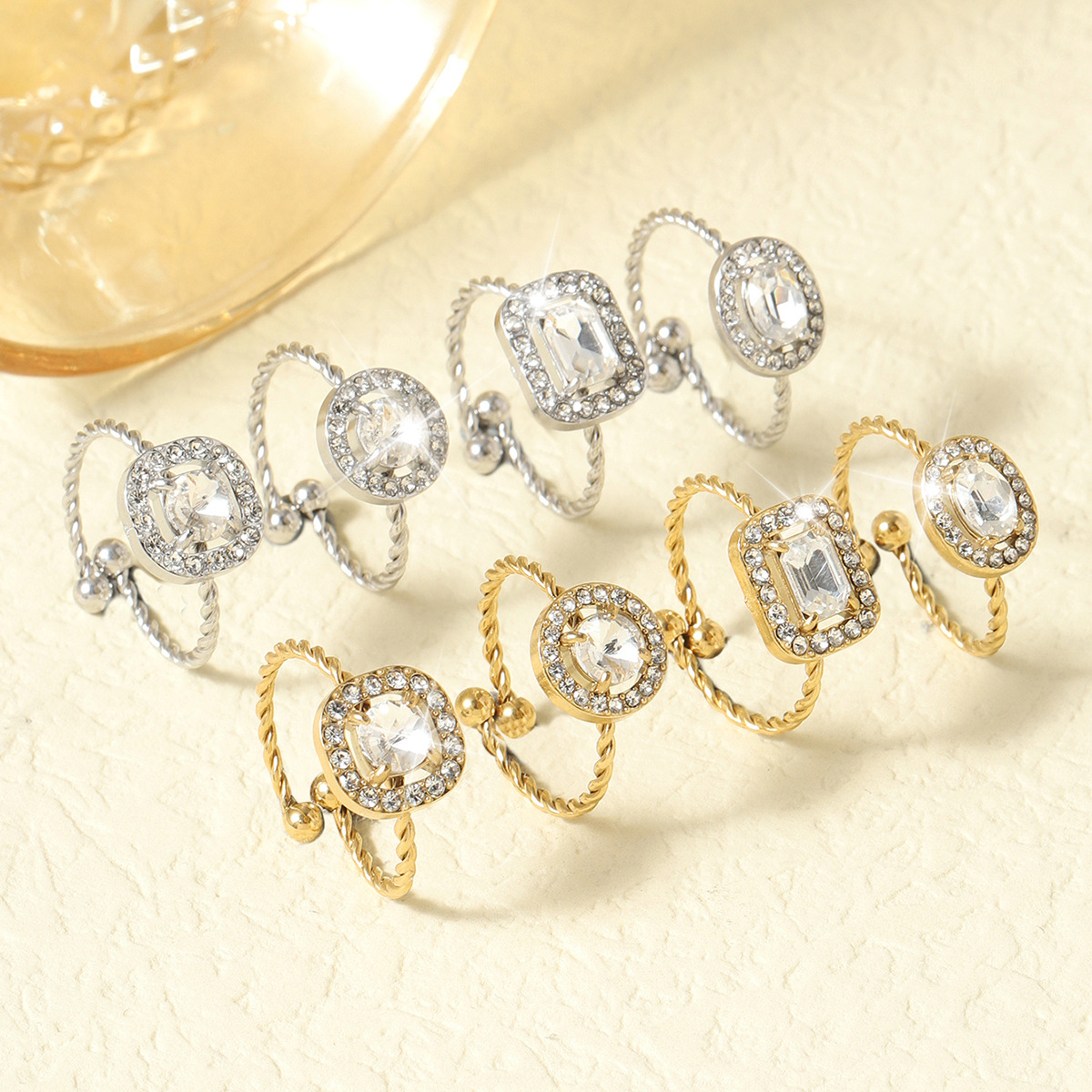 European and American Cross-Border Titanium Steel Square Diamond Ring, High-End Temperament, Minimalist Style, Engagement Open Ring Jewelry Wholesale