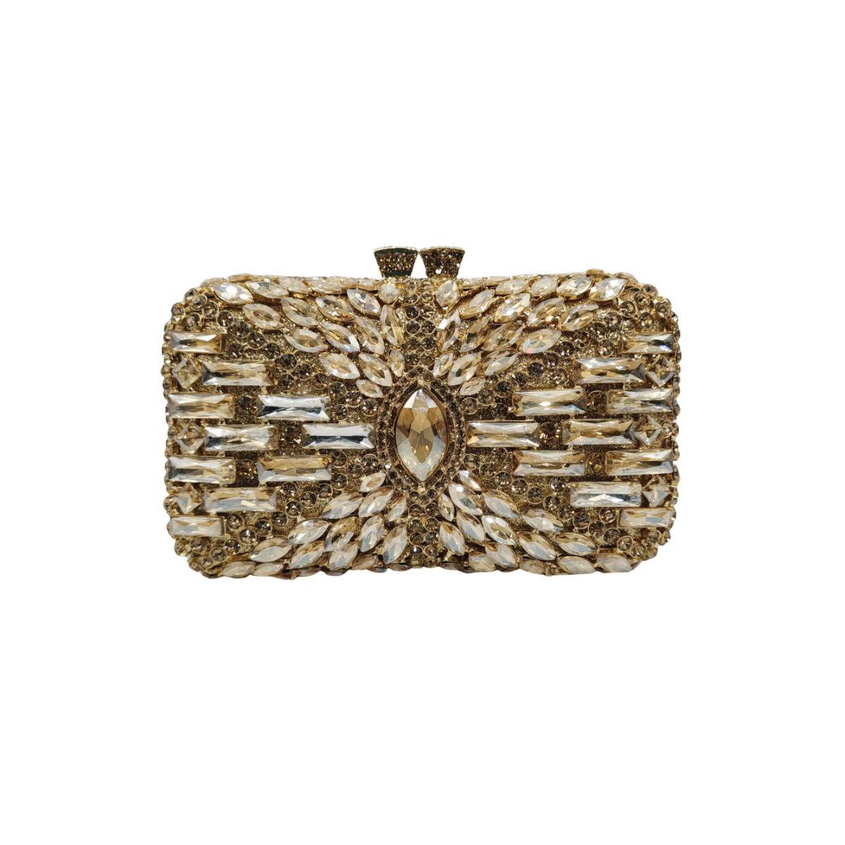 Túi clutch nữ đính đá rhinestone hộp cứng kim loại cầm tay dạ hội — Màu hồng, Hoa violet, Đế vàng kim cương, Màu sâm panh