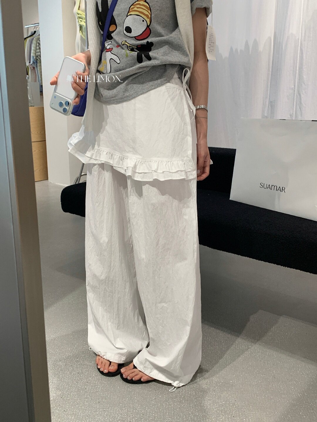 Quần culottes nữ ống rộng cạp cao, phối viền ren xếp tầng, dáng suông rộng, thanh lịch và thoải mái — màu đen, Xanh da trờicolor, màu trắng, Đá vôi chi tiết 22