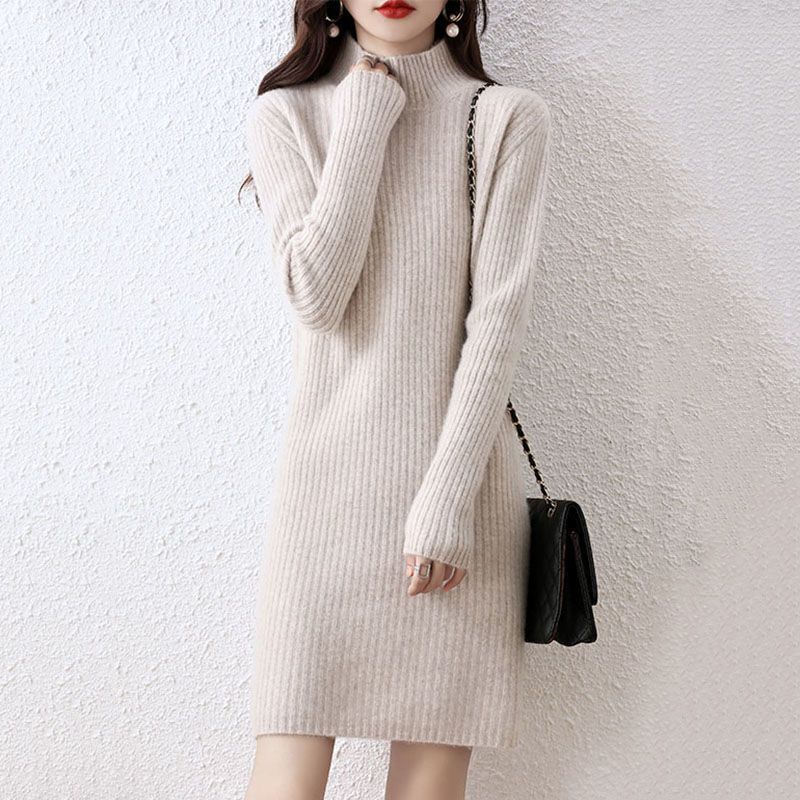 半高领羊绒连衣裙中长款宽松加厚高档显瘦毛衣秋冬新款针织包臀裙