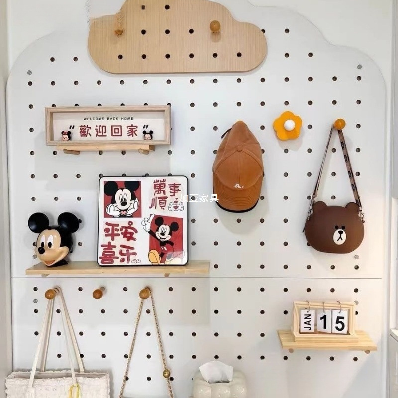云朵玄关洞洞板置物架入户木质展示收纳架小熊收纳墙上挂衣架批发|undefined