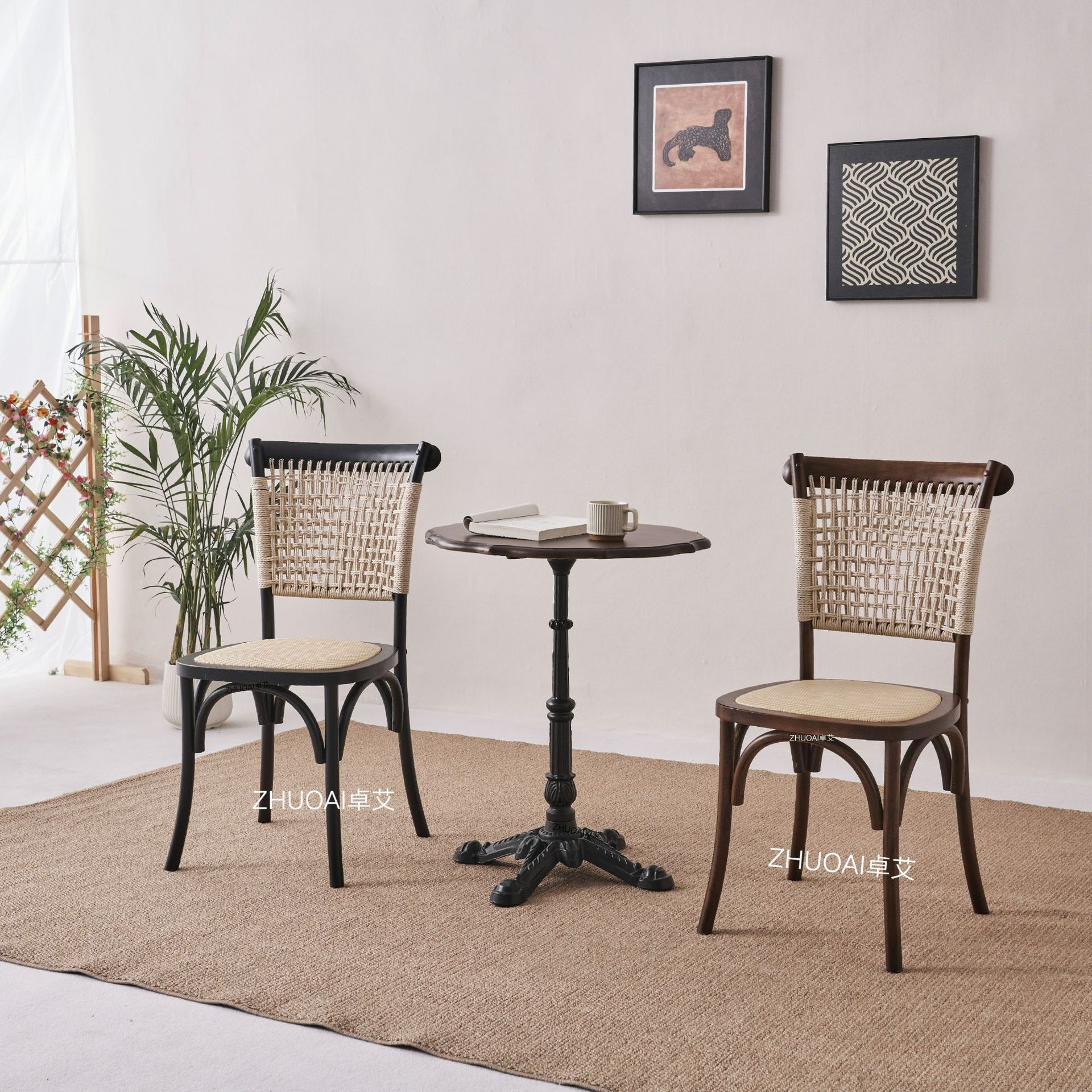 American Retro Cafe Chair Dessert Milk Tea Shop Dining Chair Bakery Shop Solid Wood Western Restaurant Furniture Rattan Dining Table and Chairs