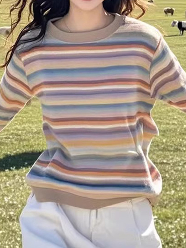 筱香饰彩虹条纹正肩长袖T恤女2025秋季小个子设计感小众宽松上衣|undefined