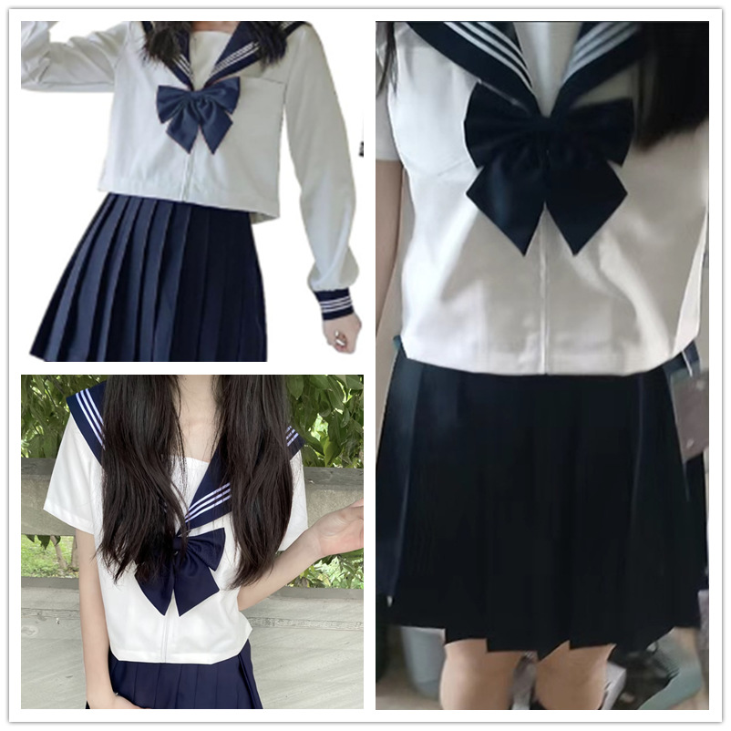 [Large Size] Blue Bow Tie Cyanotic Collar White Three-Piece Jk Uniform Basic Dark Bad Girl Sailor Suit College Style