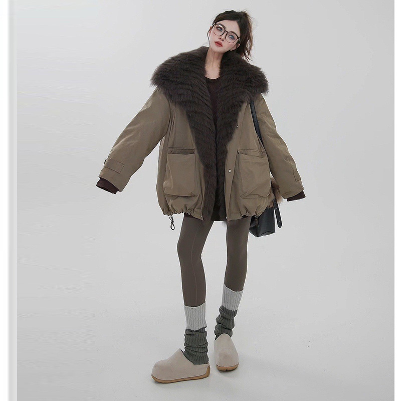2025 Autumn/Winter New Oversized Fox Fur Collar Goose down Fur Parka Mid-Length Coat for Women