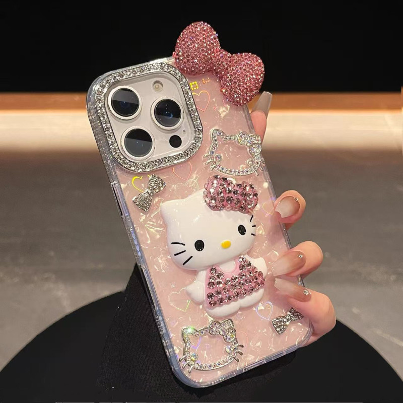 Cartoon Cute Bow Kt Cat Phone Case Suitable for iPhone 17 Pro Max and Apple 15 Plus, Transparent