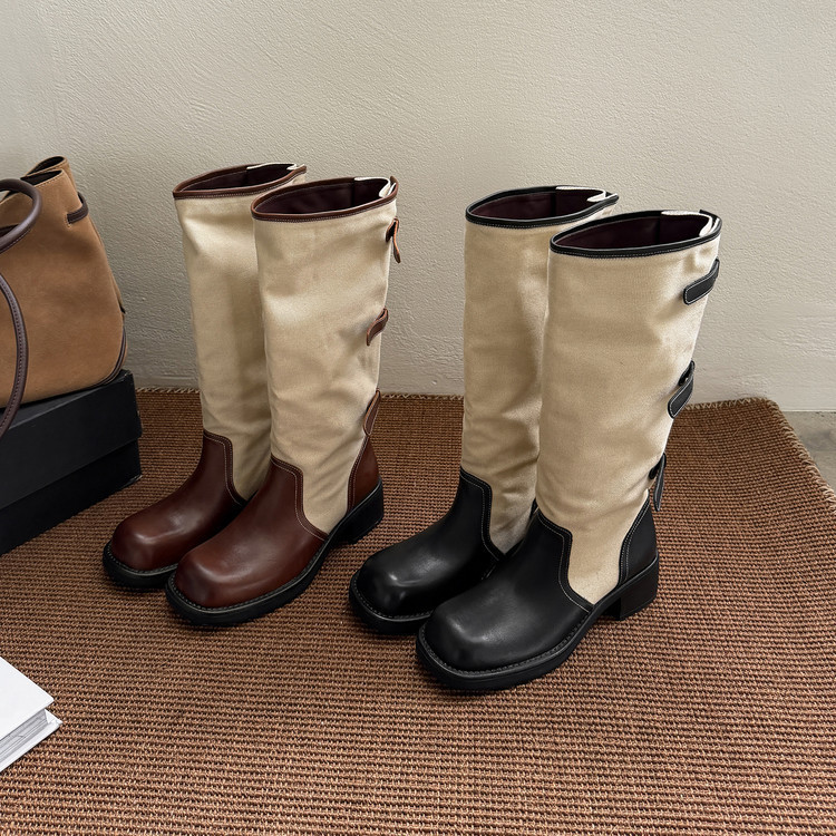 Two-Layer Cowhide Fabric Color-Blocked Riding Boots for Women, High-Tube Long Boots for Autumn and Winter, Round Toe with Belt Buckle, Low Heel Knee-High Boots for Women Two-Layer Cowhide Fabric Color-Blocked Riding Boots for Women, High-Tube Long Boots for Autumn and Winter, Round Toe with Belt Buckle, Low Heel Knee-High Boots for Women