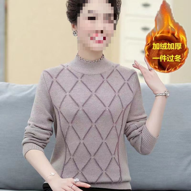 妈妈秋冬加绒加厚毛衣针织衫中年女冬季半高领打底衫保暖内搭上衣