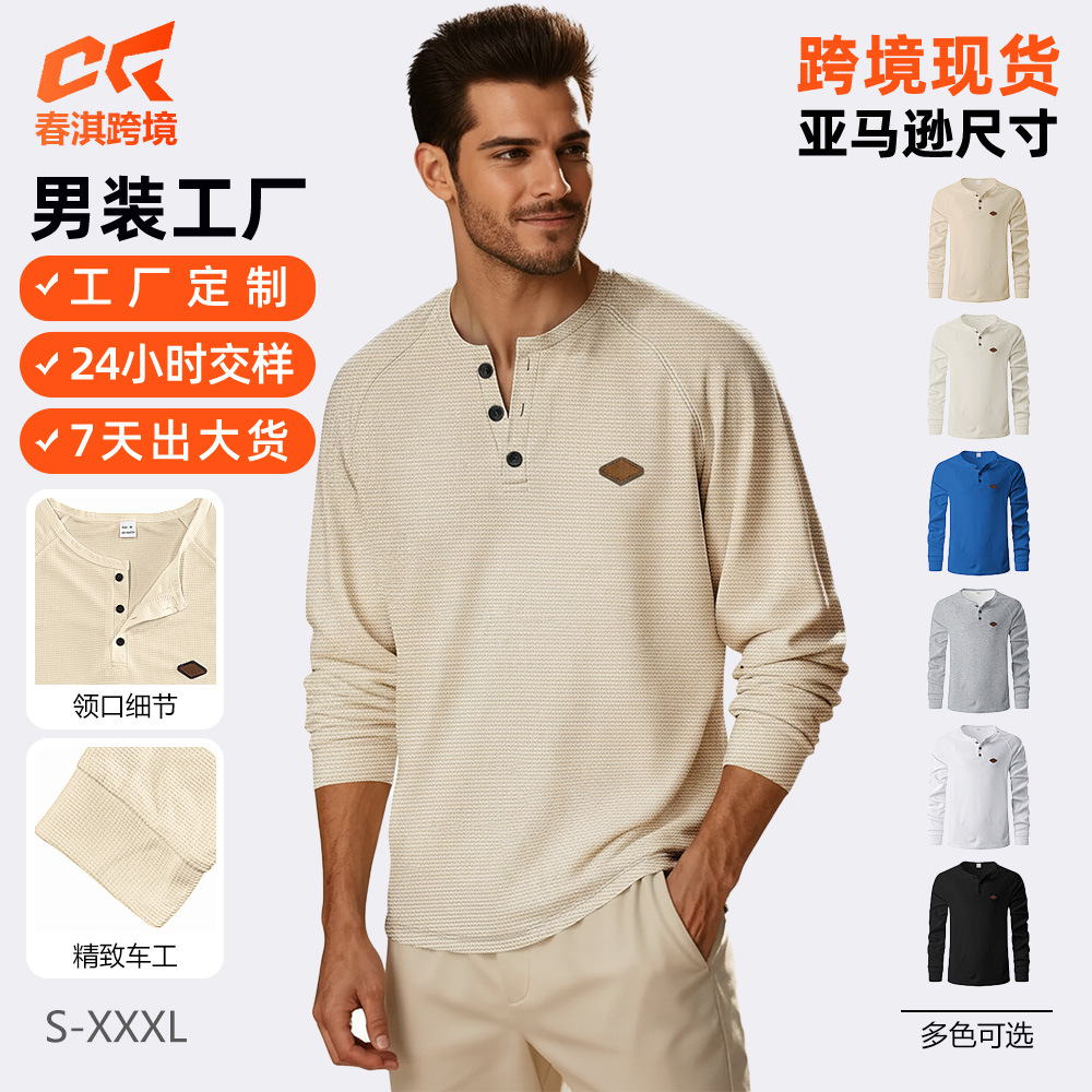 Nuevo transfronterizo europeo y americano hombre casual primavera y otoño americano waffle tie rápido secado hombro Henry camiseta de manga larga