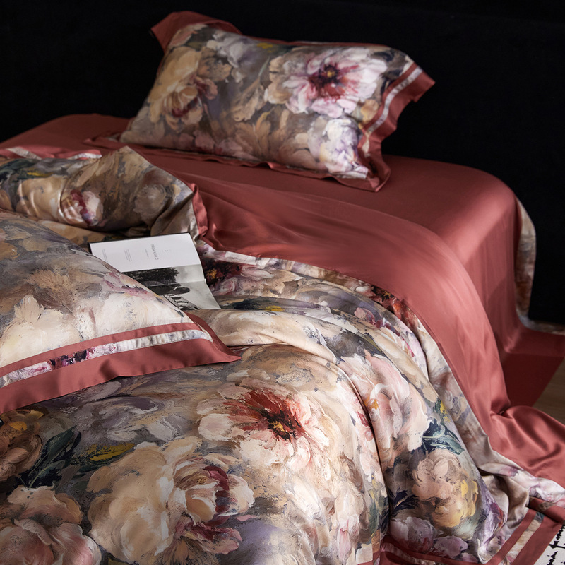 Cotton Digital Printed Quilt Cover Newlywed High-End Bedding Burgundy Wedding 100S Long-Staple Cotton Bed Four-Piece Set