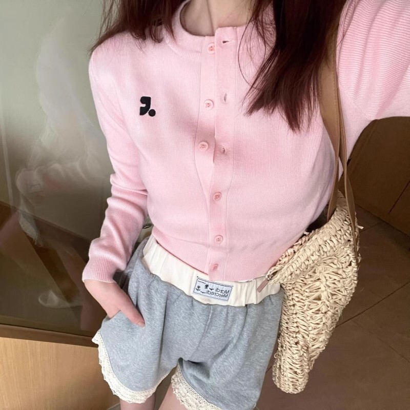 South Korea Niche Trendy Brand Early Autumn New Gentle Powder RR Embroidered Knitted Cardigan Sweater Jacket Short Top