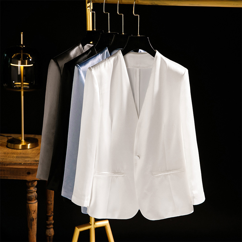 High-End 2026 New Acetate Collarless Short-Sleeve Blazer for Women, Thin and Unlined, Summer Casual Blazer