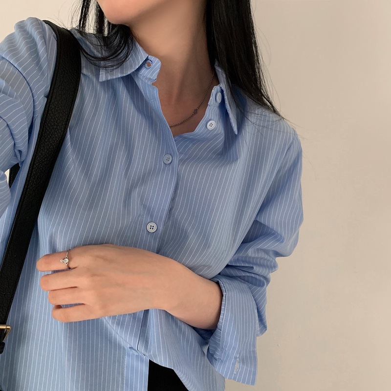跨境秋季新款韩国chic基础款简约休闲条纹衬衫高级感长袖女式衬衣|undefined