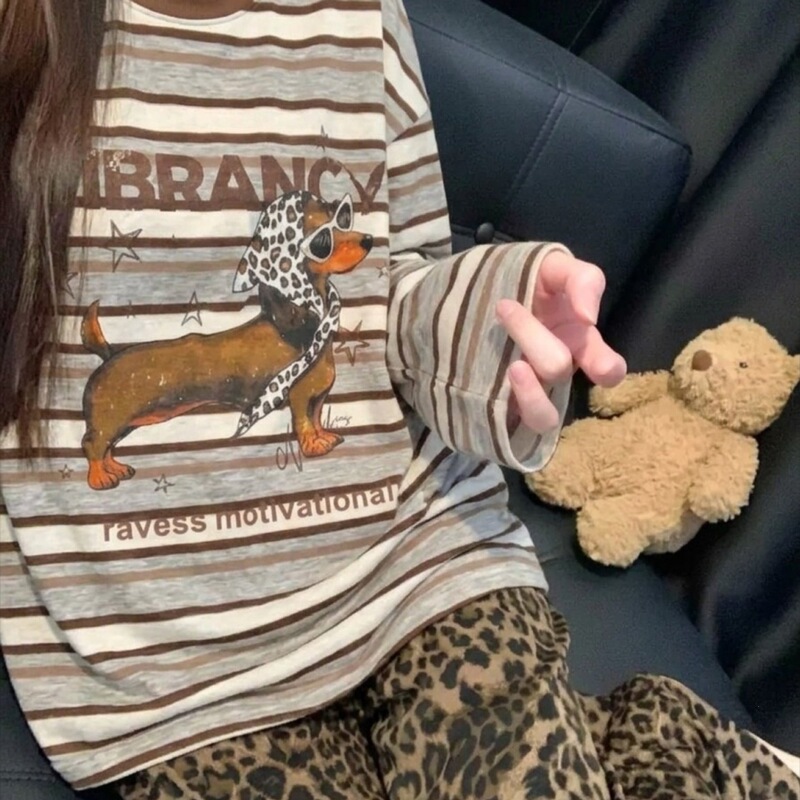 Korean-style casual retro dog print striped early autumn plus-size long-sleeve loose-fitting long pants loungewear set for women Korean-style casual retro dog print striped early autumn plus-size long-sleeve loose-fitting long pants loungewear set for women