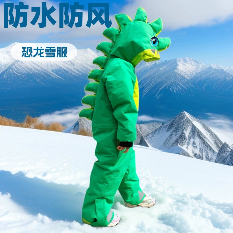 Детский лыжный костюм, комплект для мальчиков и девочек, ветронепроницаемый утепленный с принтом мультяшного динозавра, комбинезон, семейный стиль