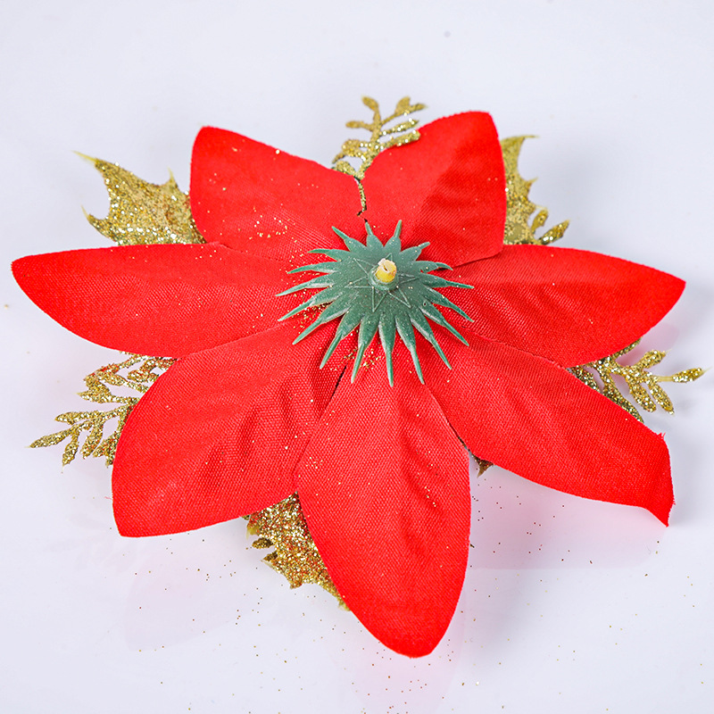 Adornos navideños transfronterizos Flores navideñas rojas doradas Adornos del árbol de Navidad Espolvorear accesorios de flores en polvo hechos a mano Decoración de la escena