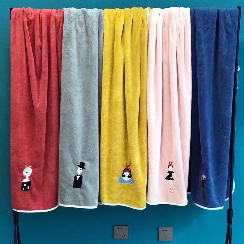 Embroidered Bath Towel Soft and Absorbent Bathroom Coral Velvet Embroidered Character Couple Large Bath Towel Beach Towel Leisure Towel Now