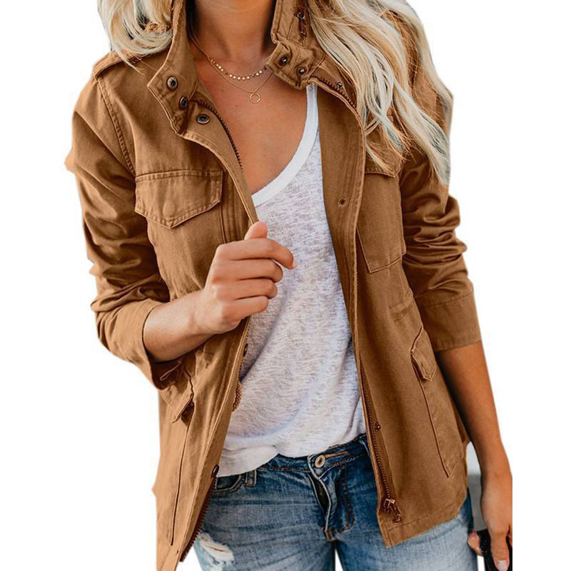 Cross-border European and American Amazon Spring and Autumn Slim-fit Fashion Trendy Solid Color Zipper Multi-pocket Jacket Jacket Jacket Vintage Classic