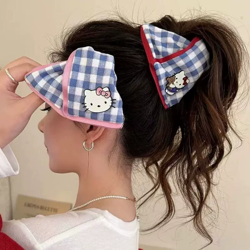 法式新款格子三角抓夹卡通HelloKitty鲨鱼夹甜美少女马尾顶夹头饰