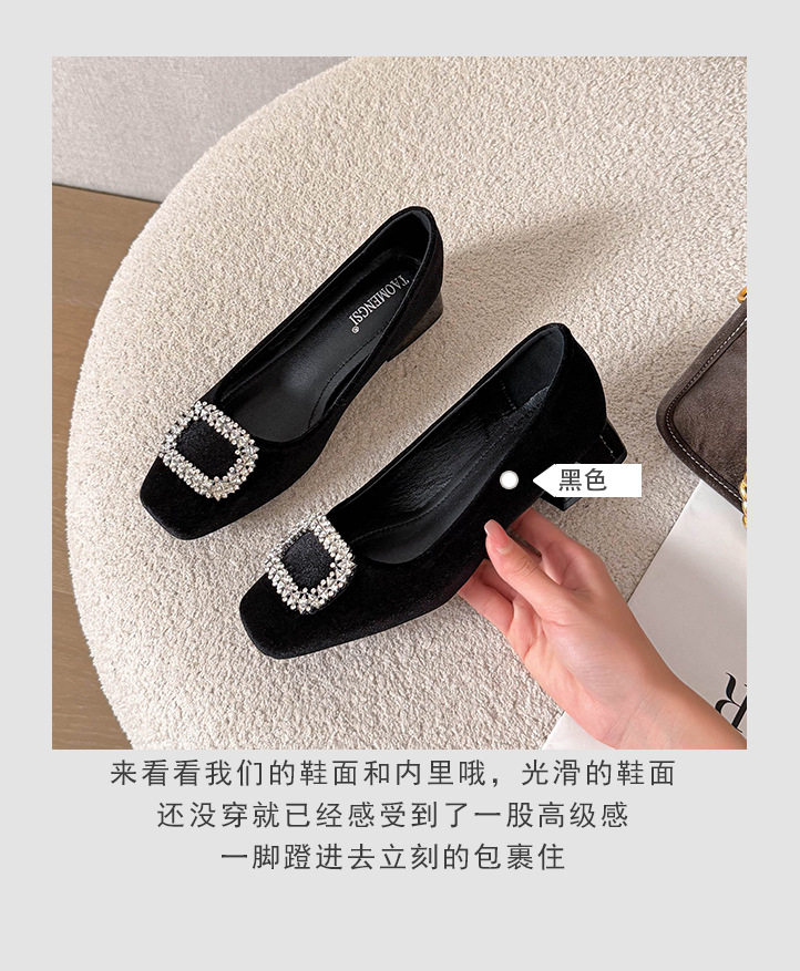 Giày bệt nữ mũi vuông khóa cài đính đá, cổ thấp, đế bằng, giày công sở — màu xám, màu đen chi tiết 7