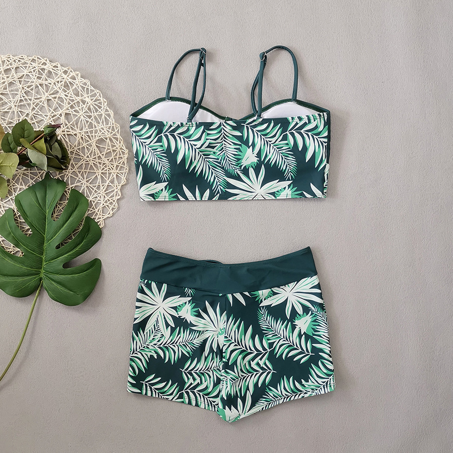 High Waist Lace up Print Swimsuit for Women Split Boxer Style Solid Color Splicing Design European American Foreign Trade 2024 Large Size_ecoleips.com