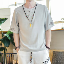 2025夏季新款男士亚麻刺绣T恤中国风盘扣复古短袖体恤棉麻衬衫男