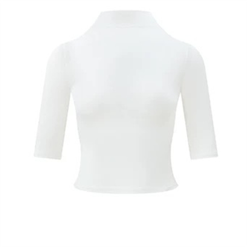 女性用ブラックミッドスリーブTシャツ、インナーにハーフタートルネックボトムシャツ、2025春夏新作五分袖スリムハーフスリーブトップ|undefined