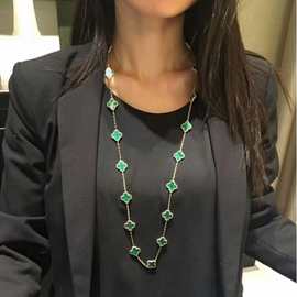 欧美时尚精工V金高版本四叶草二十花项链白贝母玛瑙玫瑰金毛衣链