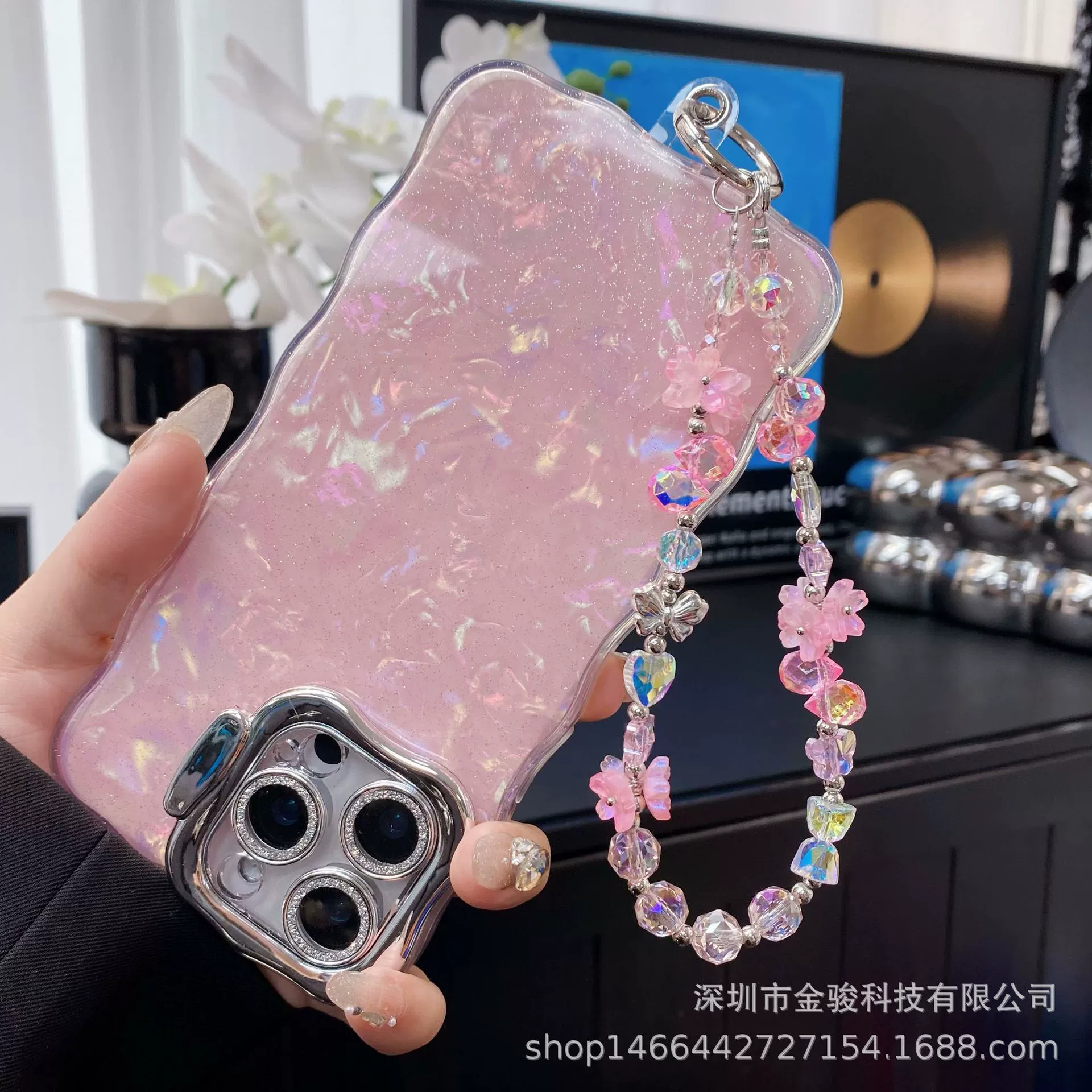 Three dimensional mobile phone, phone case, chain, crystal bracelet, flowered