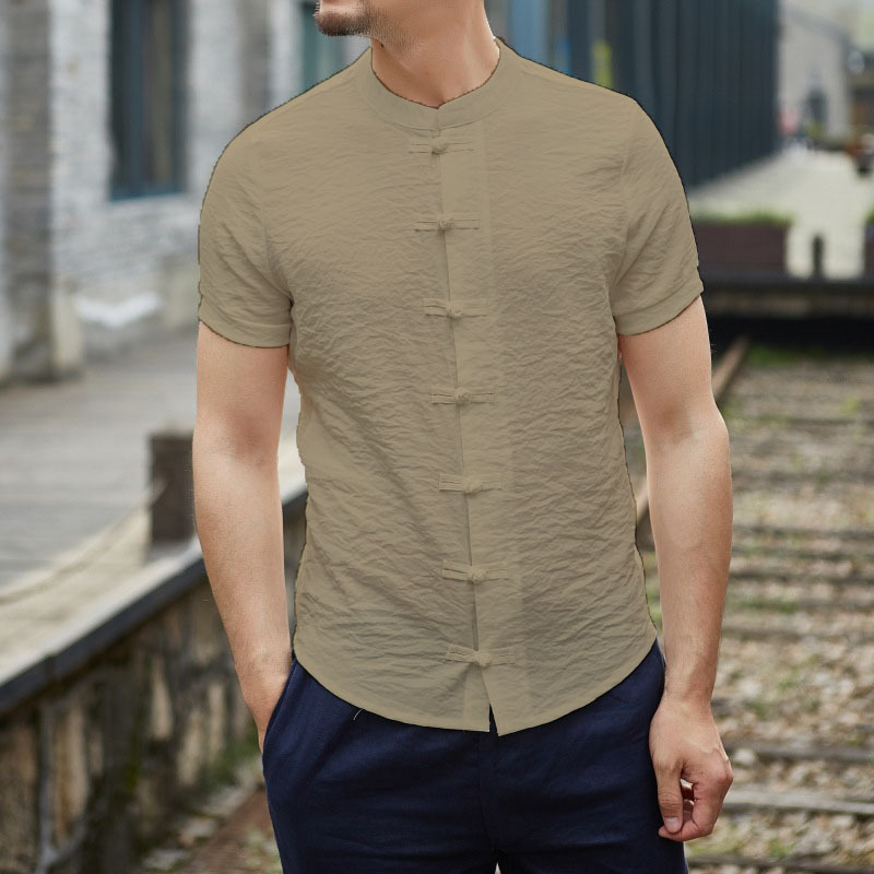 2023 Verano nuevo estilo chino camisa de color sólido hebilla de los hombres collar Delgado SLIM-Fit camisa de manga corta más el tamaño de los hombres