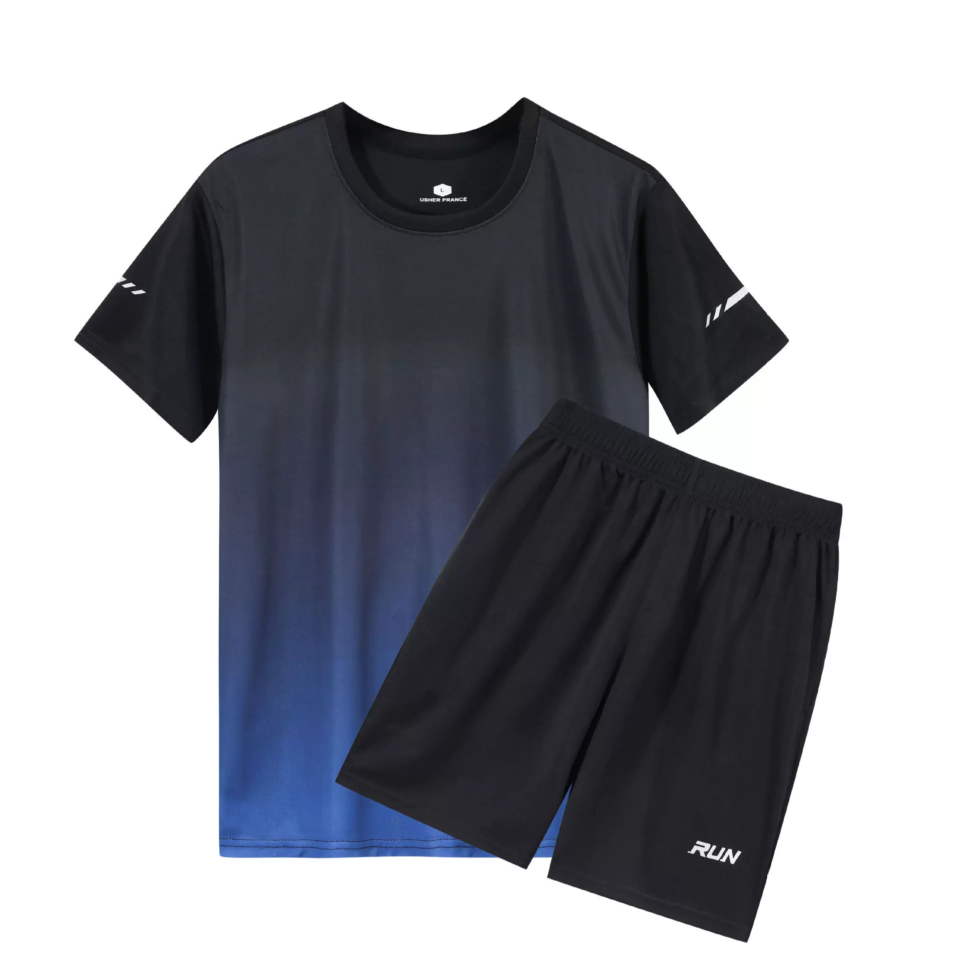 渐变色运动套装夏季男透气男士速干短袖薄款休闲T恤短裤大码宽松