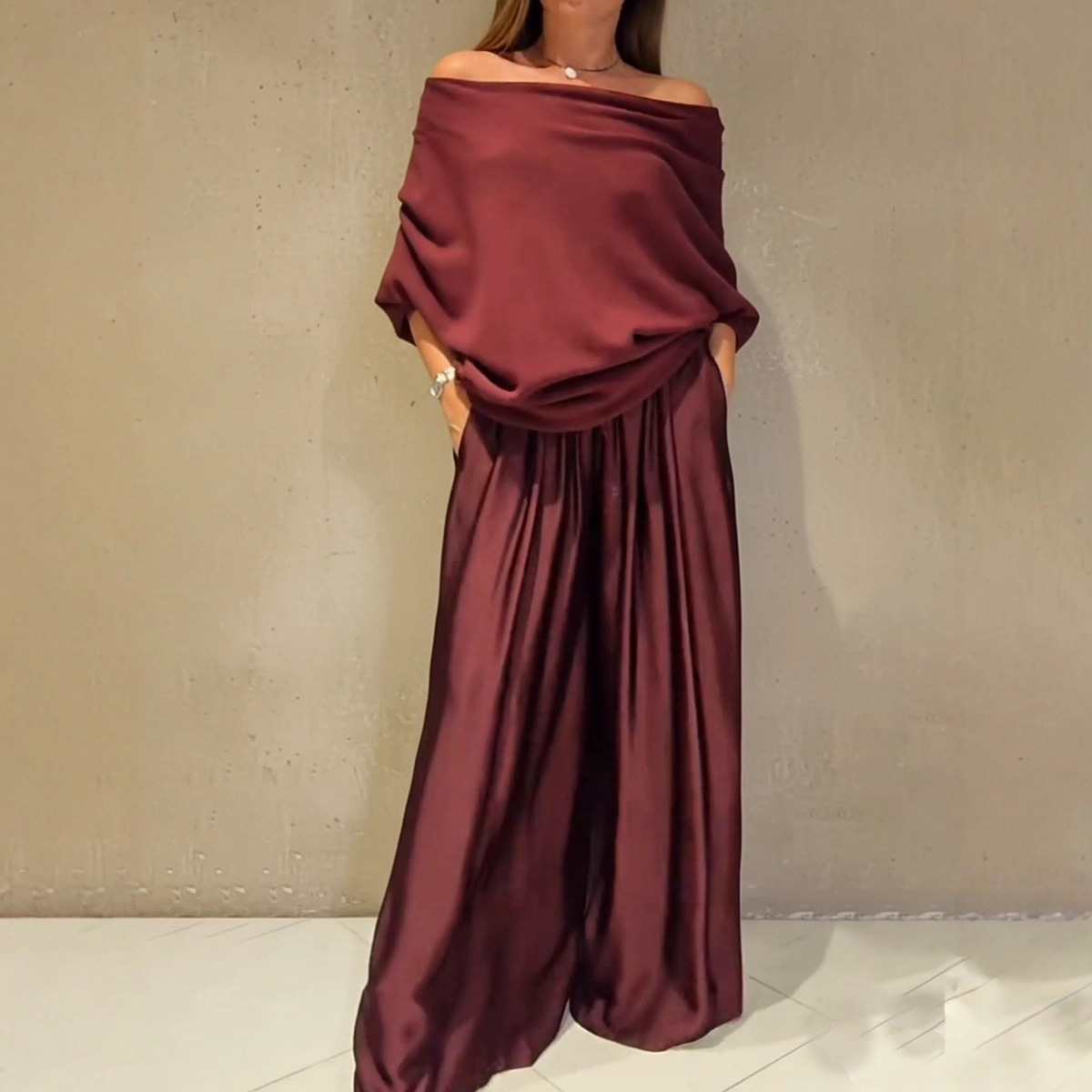 2025 Amazon Aliexpress Cross-Border New Elegant Off-Shoulder Top and Satin Wide-Leg Pants Two-Piece Suit