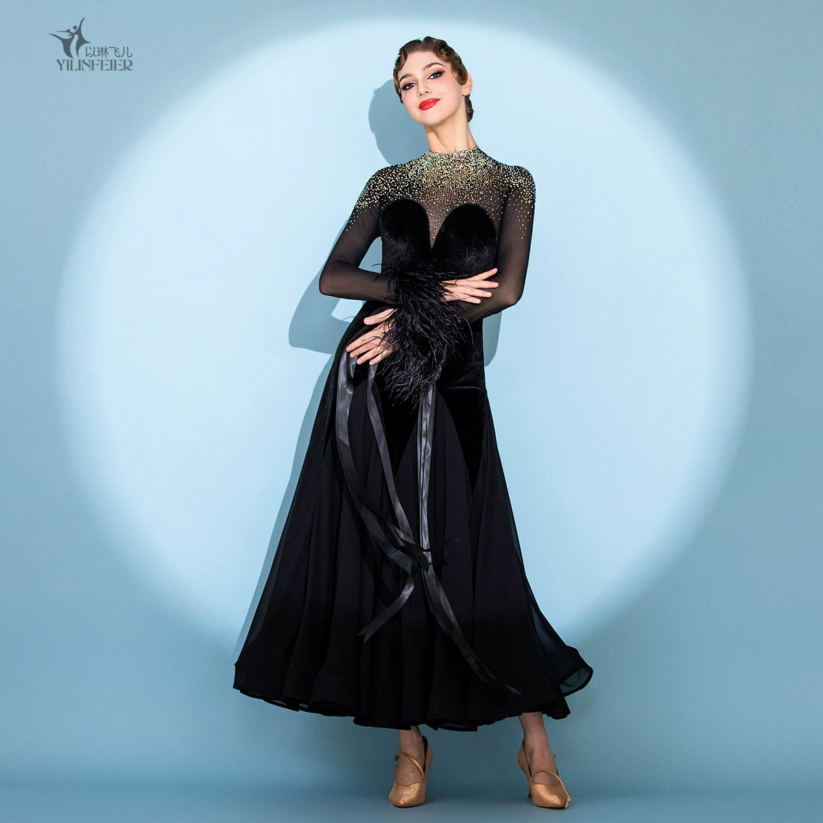 Королева черного! Современное танцевальное платье Dress Down с перьями S7106, национальный стандарт, вальс, бальное платье с кристаллами