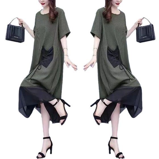 Dress plus size women's clothing chubby girl summer slimming belly covering mid-length dress for fat people
