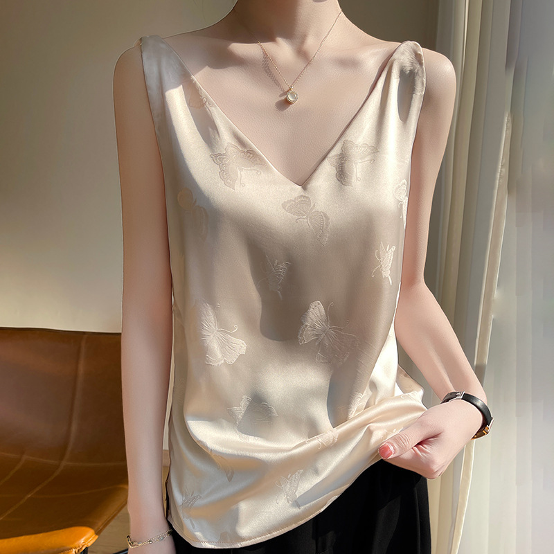 Elegant Fashion Silky 2025 Summer Camisole Women's Satin Jacquard V-neck Suit with Acid Vinegar Base