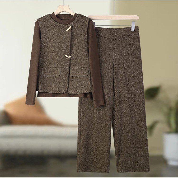 中年ママ春服セット2025新型中高年女装春秋ファッションベストコート上着3点セット|undefined