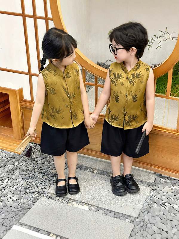 新しい中国風の女の子唐スーツ子供ベスト春と夏 2025 新しいスタイルの男の子と女の子中国風ジャカードノースリーブベストトレンディ|undefined