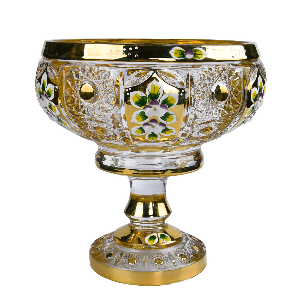 中东珐琅花果斗三件套北欧水晶玻璃高脚镀金果斗家居婚庆装饰摆件