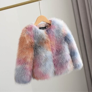 2025 Winter Woven Spray-Painted Contrasting Imitation Fur Outwear for Girls Short Round Neck Color-Blocked Foreign-Style Outwear with Fur Integrated