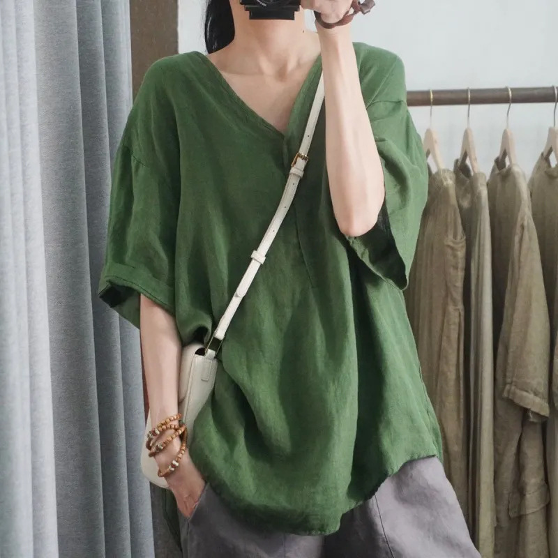 Summer New Half-Sleeved Casual Loose Large Size Flesh-Covering Comfortable V Neck Top Short-Sleeved T-Shirt Pure Color Women's Clothing
