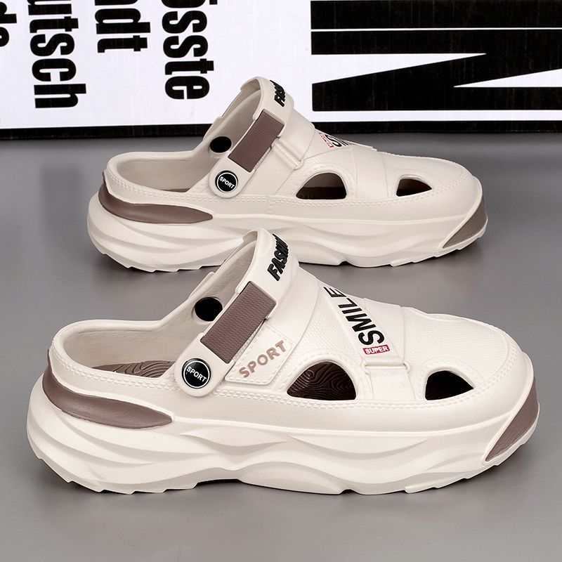 涼鞋男2024夏季新款外穿防滑沙灘包頭拖青少年厚底踩屎感兩用涼拖