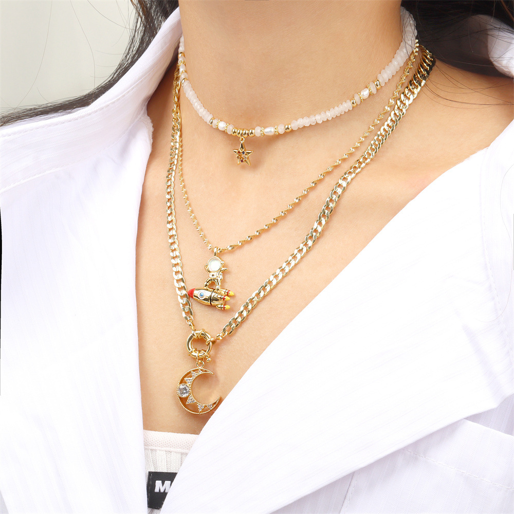 hip-hop astronaut star and moon diamond multi-layered copper gold-plated Cuban chain necklace