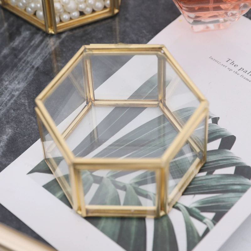 Small retro brass hexagonal glass ring, box, light luxury style